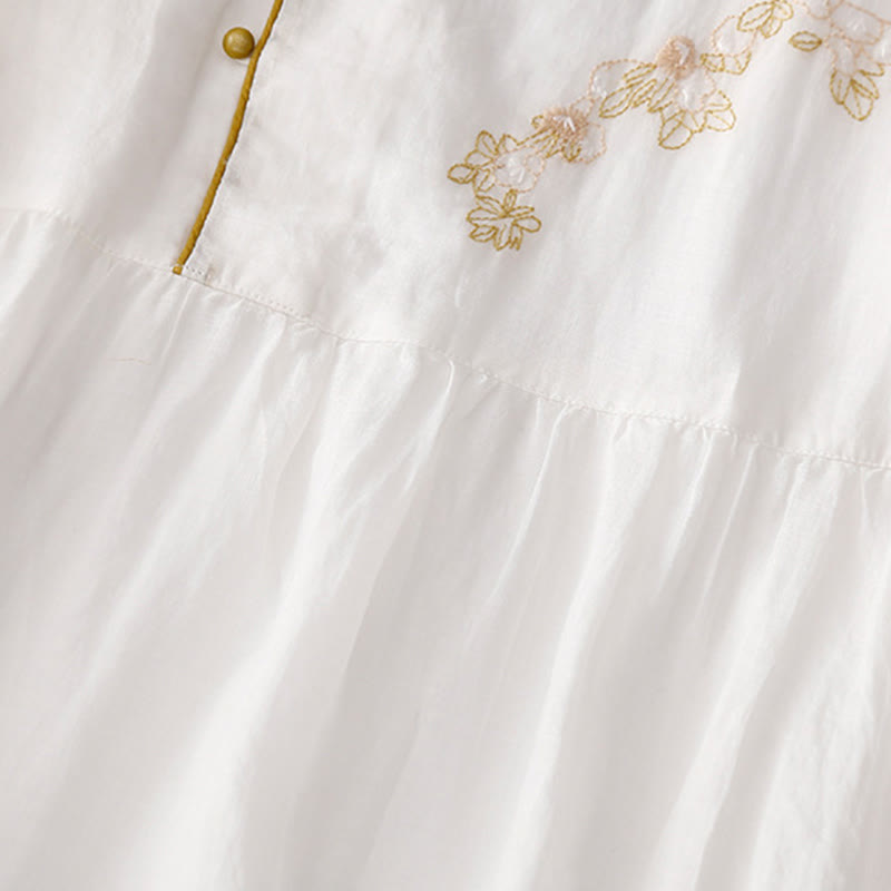 Buddha Stones Embroidery Buttons Design Long Sleeve Cotton Linen Midi Dress With Pockets - image 20