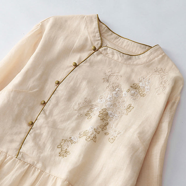 Buddha Stones Embroidery Buttons Design Long Sleeve Cotton Linen Midi Dress With Pockets - image 3