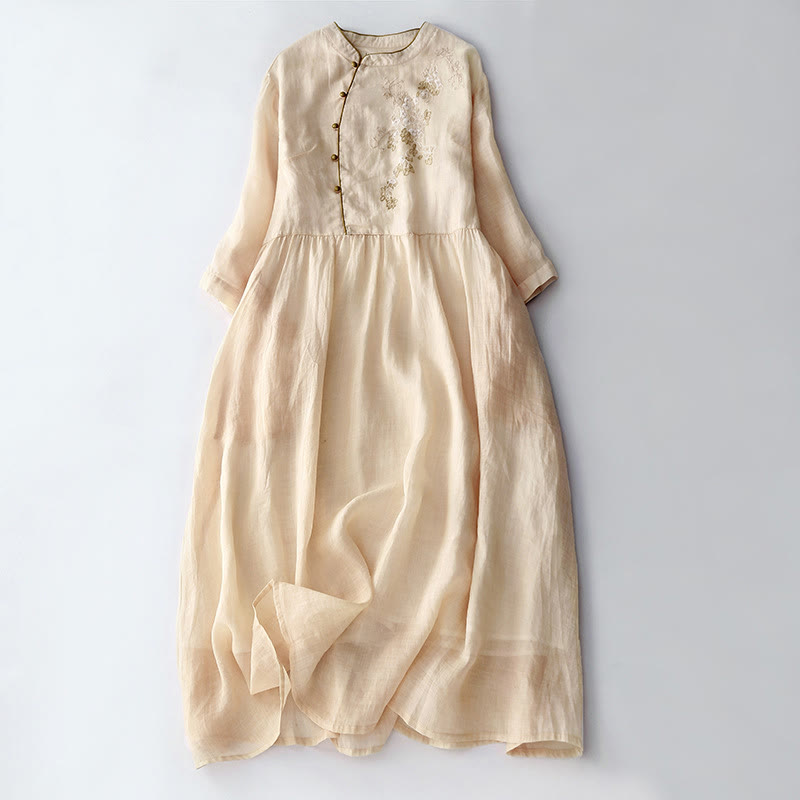 Buddha Stones Embroidery Buttons Design Long Sleeve Cotton Linen Midi Dress With Pockets - LemonChiffon - US8-10，UK/AU12-14，EU40-42 (2XL) - image 0