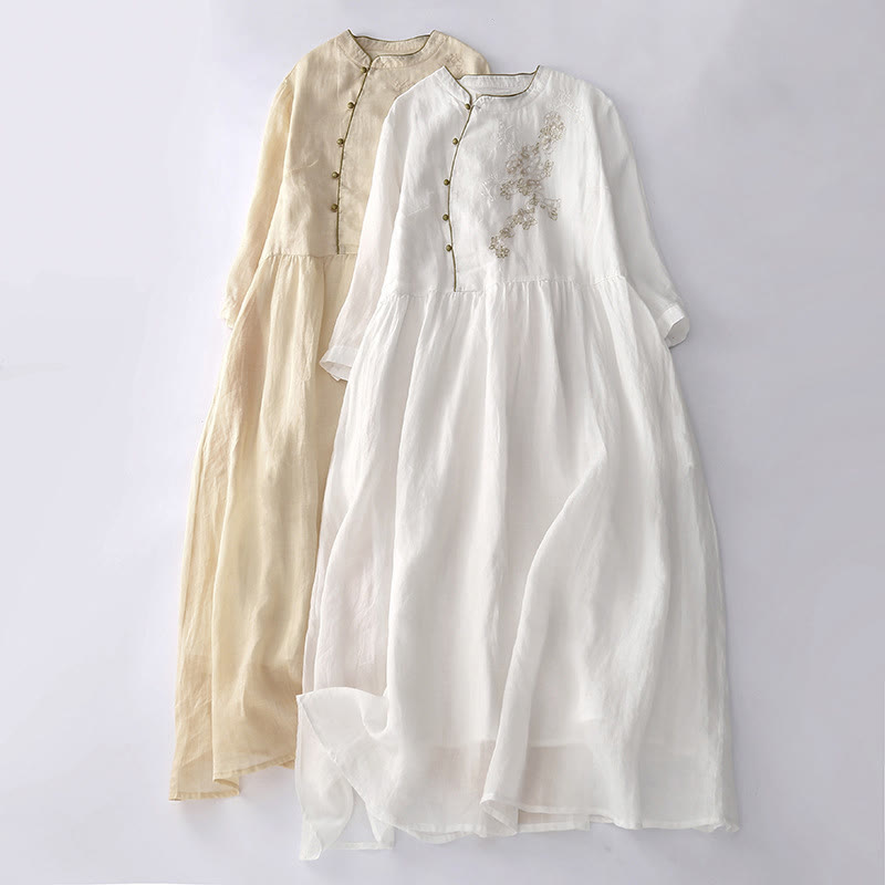 Buddha Stones Embroidery Buttons Design Long Sleeve Cotton Linen Midi Dress With Pockets - image 25