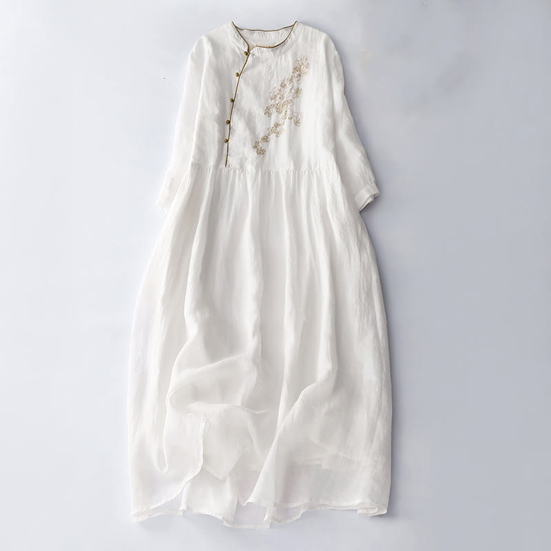 Buddha Stones Embroidery Buttons Design Long Sleeve Cotton Linen Midi Dress With Pockets - White - US8-10，UK/AU12-14，EU40-42 (2XL) - image 16