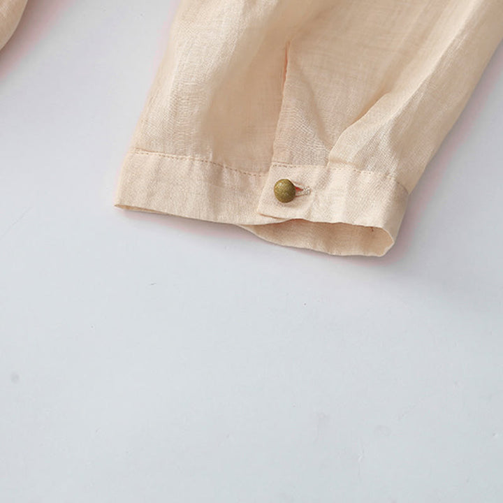 Buddha Stones Embroidery Buttons Design Long Sleeve Cotton Linen Midi Dress With Pockets - image 9