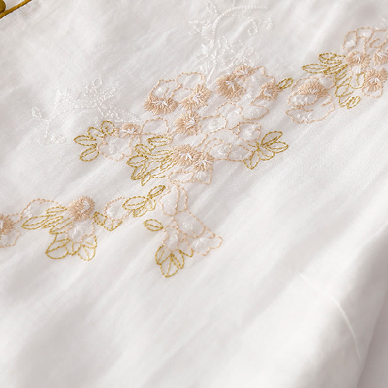 Buddha Stones Embroidery Buttons Design Long Sleeve Cotton Linen Midi Dress With Pockets - image 18