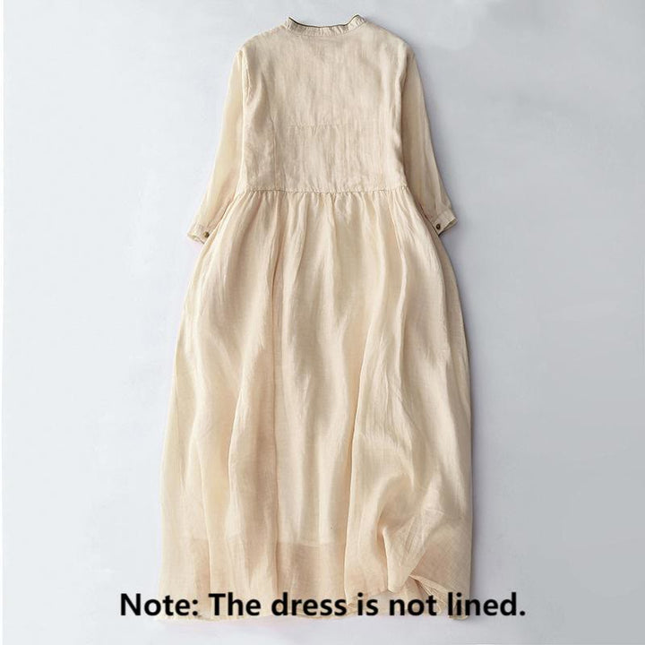 Buddha Stones Embroidery Buttons Design Long Sleeve Cotton Linen Midi Dress With Pockets - image 1