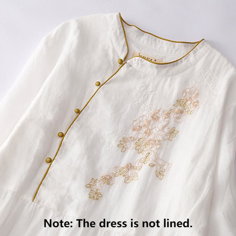 Buddha Stones Embroidery Buttons Design Long Sleeve Cotton Linen Midi Dress With Pockets - image 17