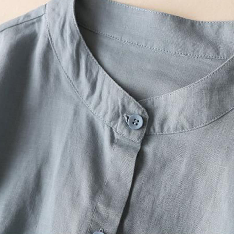 Buddha Stones Buttons Design Plain Long Sleeve Stand Collar Cotton Linen Midi Dress With Pockets - image 2