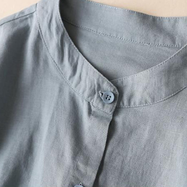 Buddha Stones Buttons Design Plain Long Sleeve Stand Collar Cotton Linen Midi Dress With Pockets - image 2