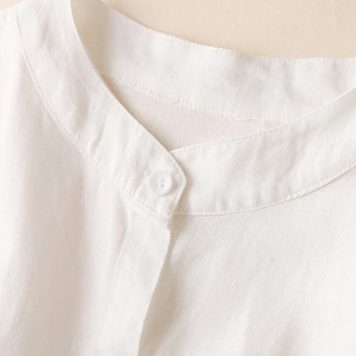 Buddha Stones Buttons Design Plain Long Sleeve Stand Collar Cotton Linen Midi Dress With Pockets - image 11