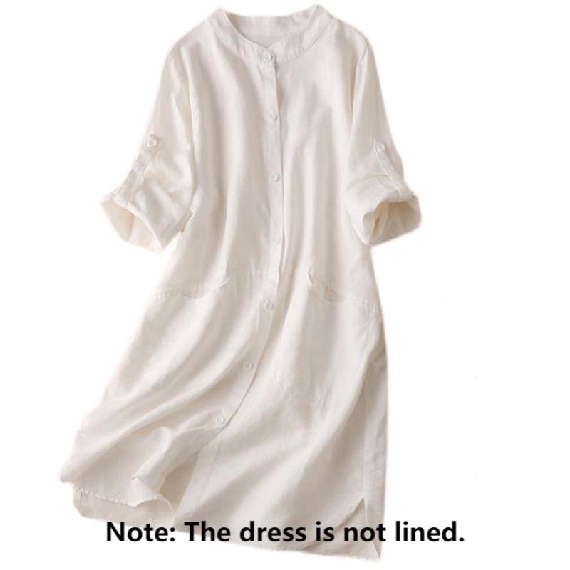 Buddha Stones Buttons Design Plain Long Sleeve Stand Collar Cotton Linen Midi Dress With Pockets - image 10