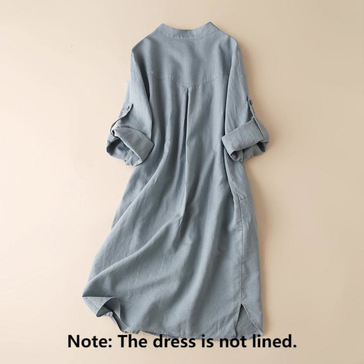 Buddha Stones Buttons Design Plain Long Sleeve Stand Collar Cotton Linen Midi Dress With Pockets - image 1