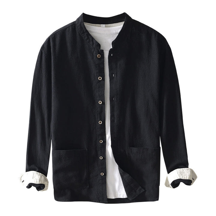 Buddha Stones Solid Color Men's Buttons Long Sleeve Cotton Linen Shirt With Pockets - image 15