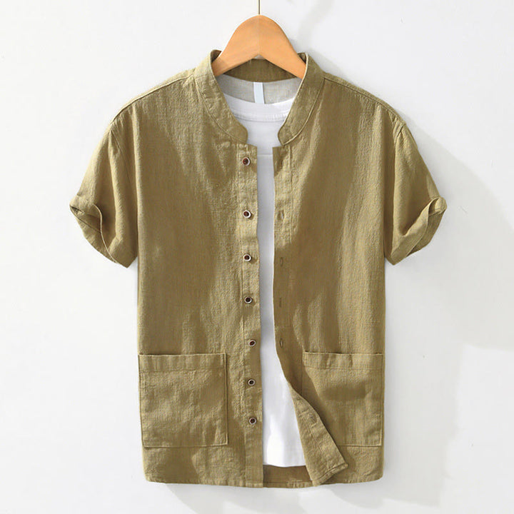 Buddha Stones Casual Buttons Design Stand Collar Men's Short Sleeve Cotton Linen Shirt With Pockets - YellowGreen - US/UK/AU42，EU52 (3XL) - image 12