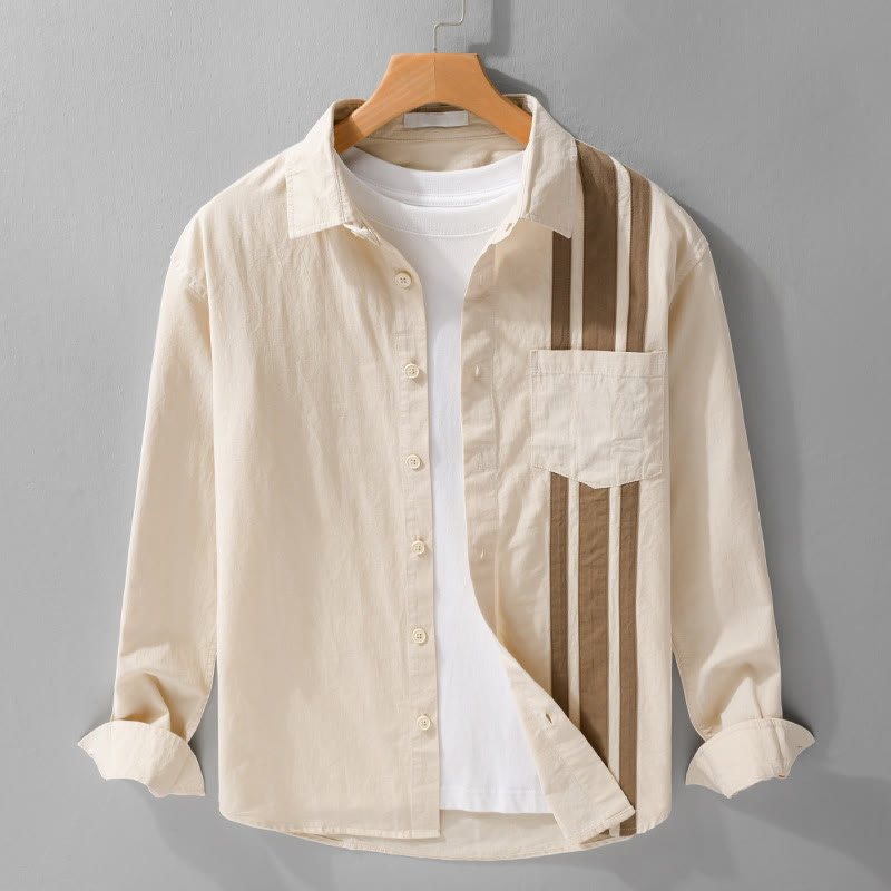 Buddha Stones Casual Fall Lapel Color Contrast Patchwork Design Men's Long Sleeve Cotton Shirt With Pocket - Beige - US/UK/AU42，EU52 (3XL) - image 1