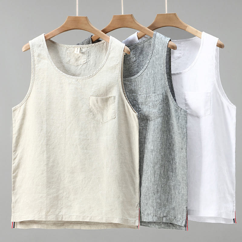 Buddha Stones Summer Solid Color Side Slit Design Sleeveless Men's Linen Vest - image 11