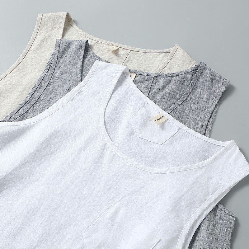 Buddha Stones Summer Solid Color Side Slit Design Sleeveless Men's Linen Vest - image 12