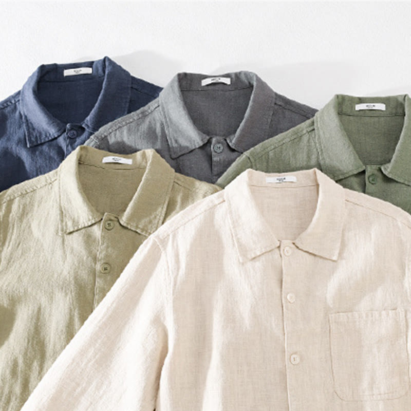 Buddha Stones Commute Fall Solid Color Lapel Men's Long Sleeve Cotton Linen Shirt With Pocket - image 35