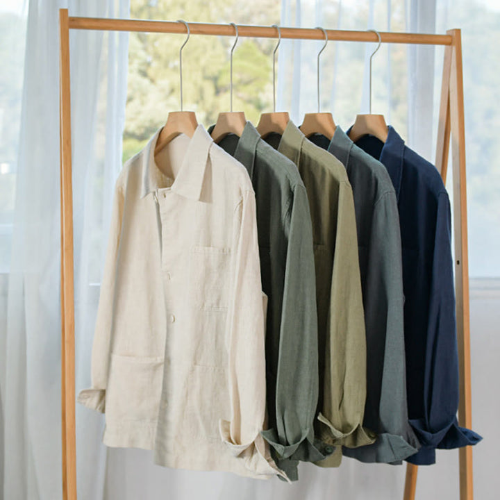 Buddha Stones Commute Fall Solid Color Lapel Men's Long Sleeve Cotton Linen Shirt With Pocket - image 32