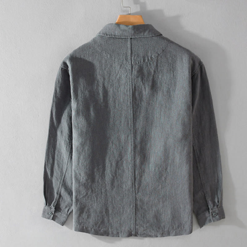 Buddha Stones Commute Fall Solid Color Lapel Men's Long Sleeve Cotton Linen Shirt With Pocket - image 9