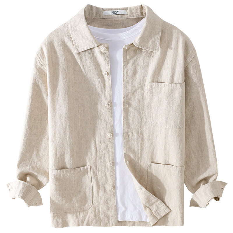 Buddha Stones Commute Fall Solid Color Lapel Men's Long Sleeve Cotton Linen Shirt With Pocket - image 7