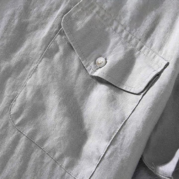 Buddha Stones Crew Neck Simple Design Men's Short Sleeve Linen Shirt With Pocket - image 5