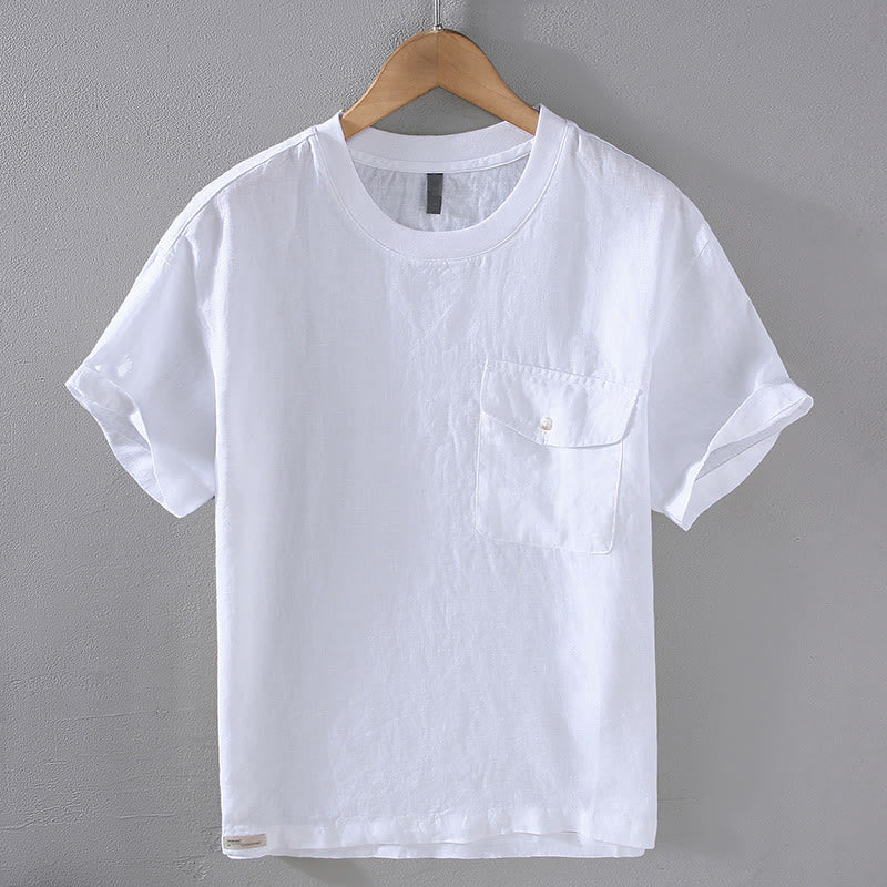 Buddha Stones Crew Neck Simple Design Men's Short Sleeve Linen Shirt With Pocket - White - US/UK/AU42，EU52 (3XL) - image 11