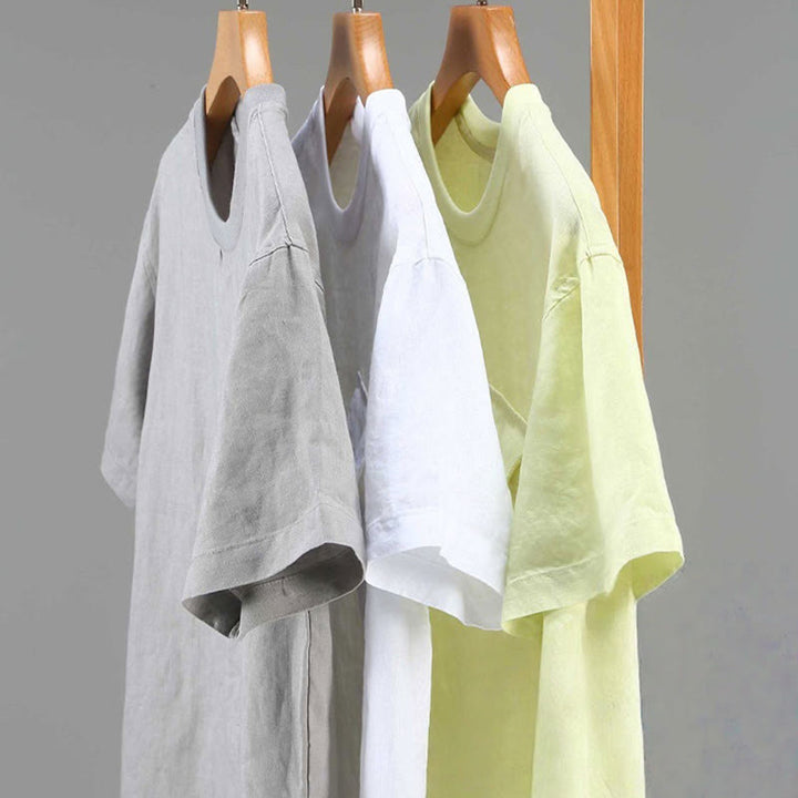 Buddha Stones Crew Neck Simple Design Men's Short Sleeve Linen Shirt With Pocket - image 12