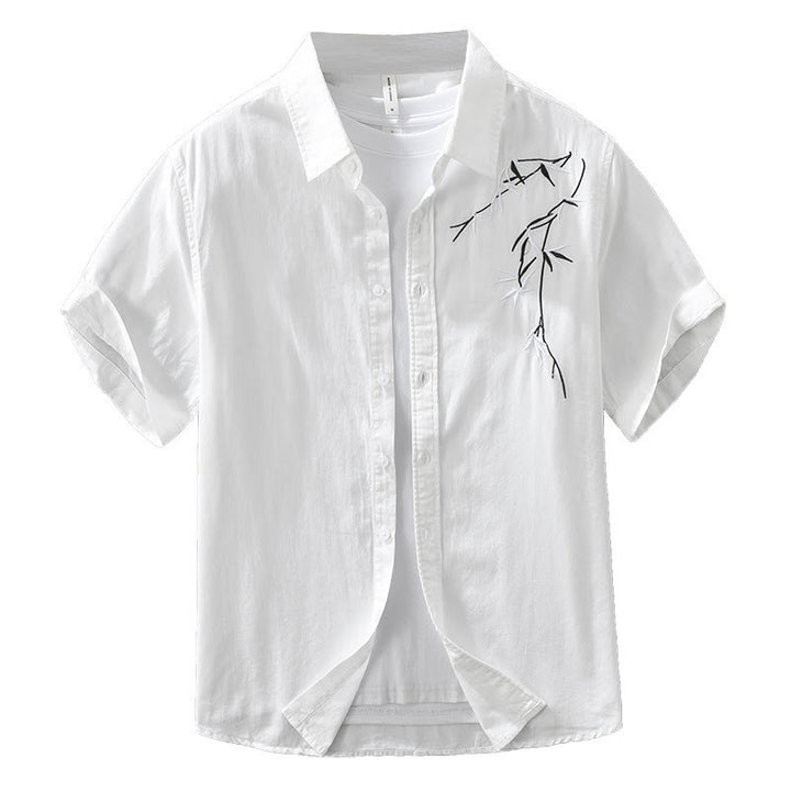 Buddha Stones Artistic Simple Design Embroidery Bamboo Pattern Men's Short Sleeve Cotton Shirt - image 13