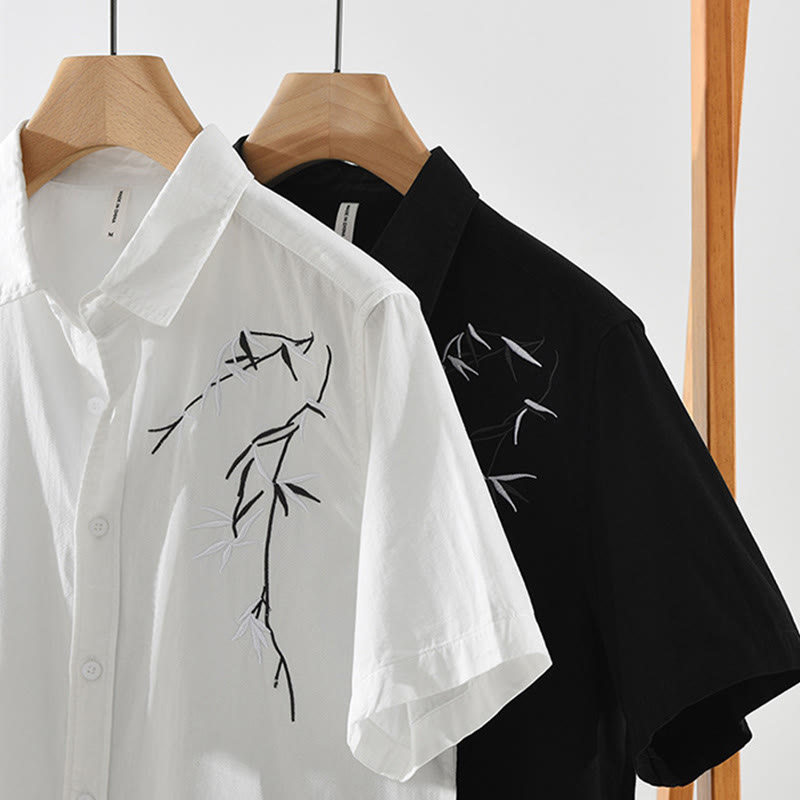 Buddha Stones Artistic Simple Design Embroidery Bamboo Pattern Men's Short Sleeve Cotton Shirt - image 16