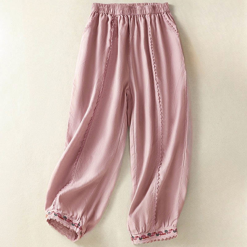 Buddha Stones Casual Plain Lace Side Design 7-8 Length Cotton Linen Women's Harem Pants With Pockets