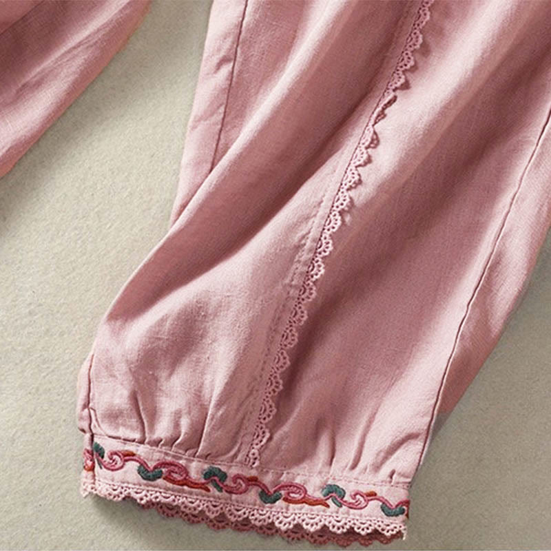 Buddha Stones Casual Plain Lace Side Design 7-8 Length Cotton Linen Women's Harem Pants With Pockets