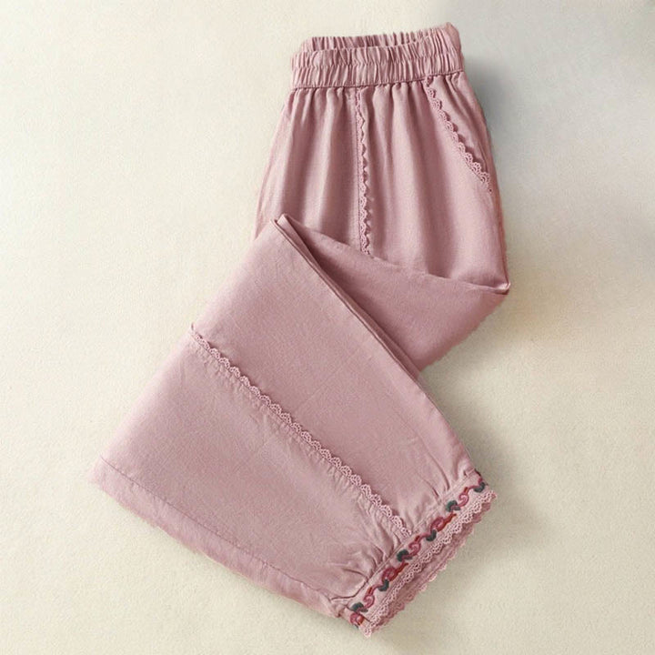 Buddha Stones Casual Plain Lace Side Design 7-8 Length Cotton Linen Women's Harem Pants With Pockets