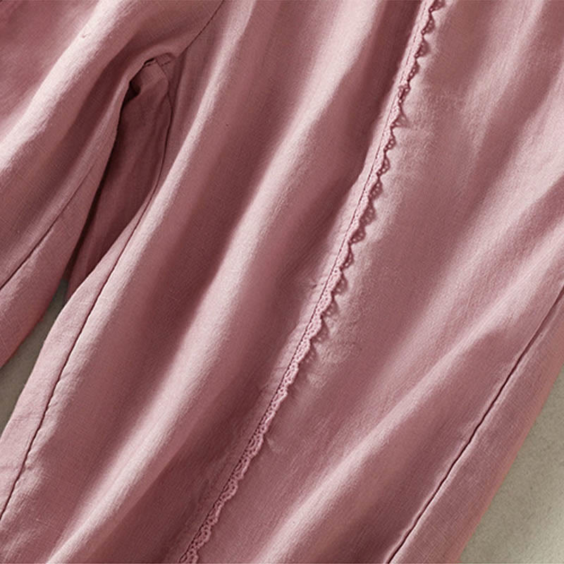 Buddha Stones Casual Plain Lace Side Design 7-8 Length Cotton Linen Women's Harem Pants With Pockets - image 13