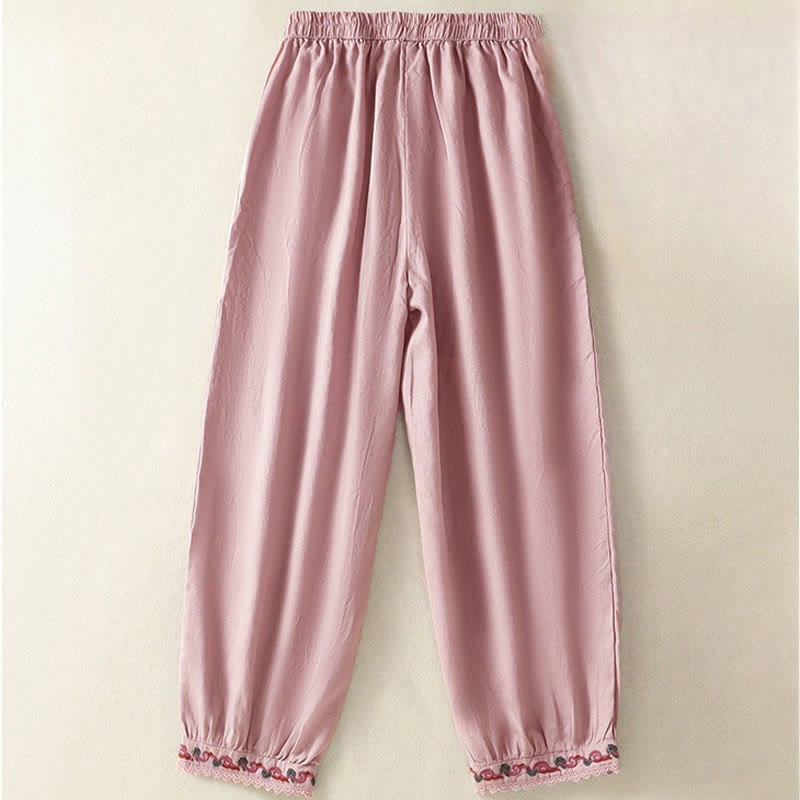 Buddha Stones Casual Plain Lace Side Design 7-8 Length Cotton Linen Women's Harem Pants With Pockets