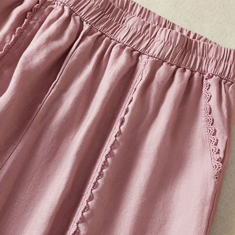 Buddha Stones Casual Plain Lace Side Design 7-8 Length Cotton Linen Women's Harem Pants With Pockets