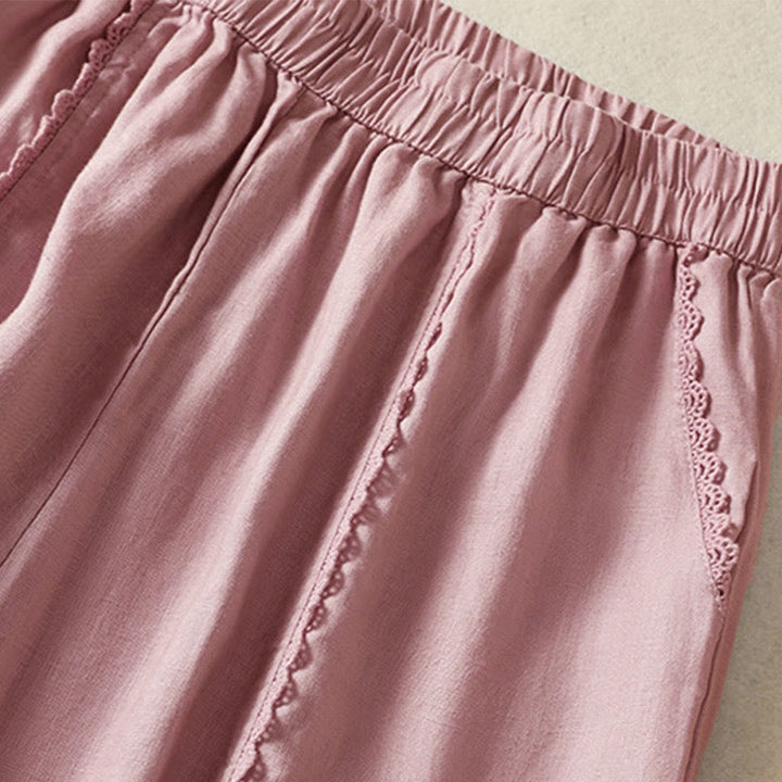 Buddha Stones Casual Plain Lace Side Design 7-8 Length Cotton Linen Women's Harem Pants With Pockets