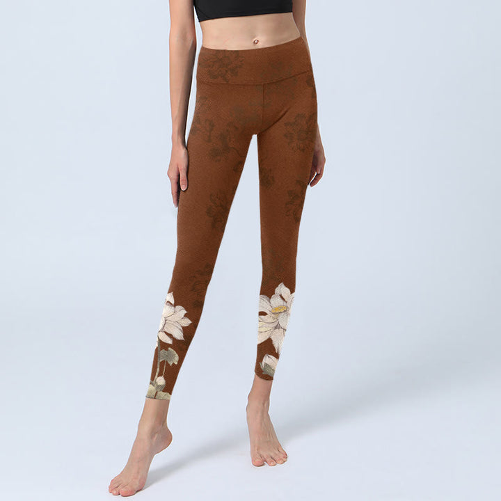 Buddha Stones Brown White Lotus Flower Print Gym Leggings Women's Yoga Pants - image 6