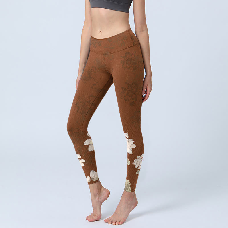 Buddha Stones Brown White Lotus Flower Print Gym Leggings Women's Yoga Pants - SaddleBrown - US18，UK/AU22，EU50 (4XL) - image 1