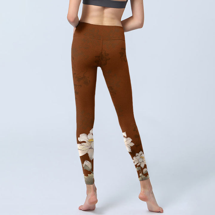 Buddha Stones Brown White Lotus Flower Print Gym Leggings Women's Yoga Pants - image 7