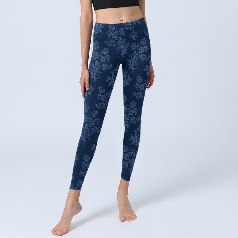 Buddha Stones Blue Floral Leaf Print Gym Leggings Women's Yoga Pants - image 5