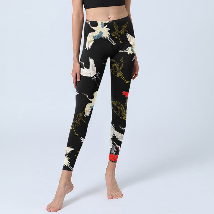 Buddha Stones White Red Gold Cranes Print Gym Leggings Women's Yoga Pants - image 6