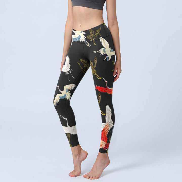 Buddha Stones White Red Gold Cranes Print Gym Leggings Women's Yoga Pants - Black - US18，UK/AU22，EU50 (4XL) - image 0