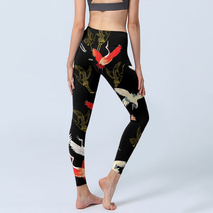 Buddha Stones White Red Gold Cranes Print Gym Leggings Women's Yoga Pants - image 4