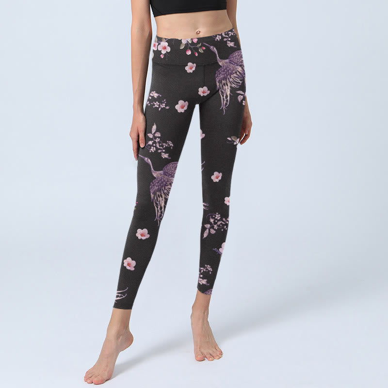 Buddha Stones Pink Flowers Flying Cranes Print Gym Leggings Women's Yoga Pants - image 6