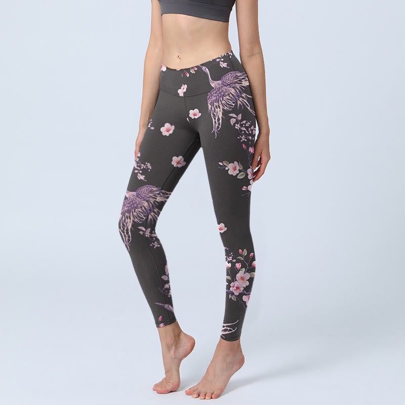 Buddha Stones Pink Flowers Flying Cranes Print Gym Leggings Women's Yoga Pants - Black - US18，UK/AU22，EU50 (4XL) - image 1