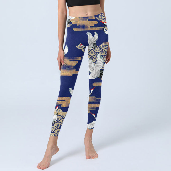 Buddha Stones Red-crowned Cranes Fan-shaped Auspicious Clouds Print Gym Leggings Women's Yoga Pants - image 6