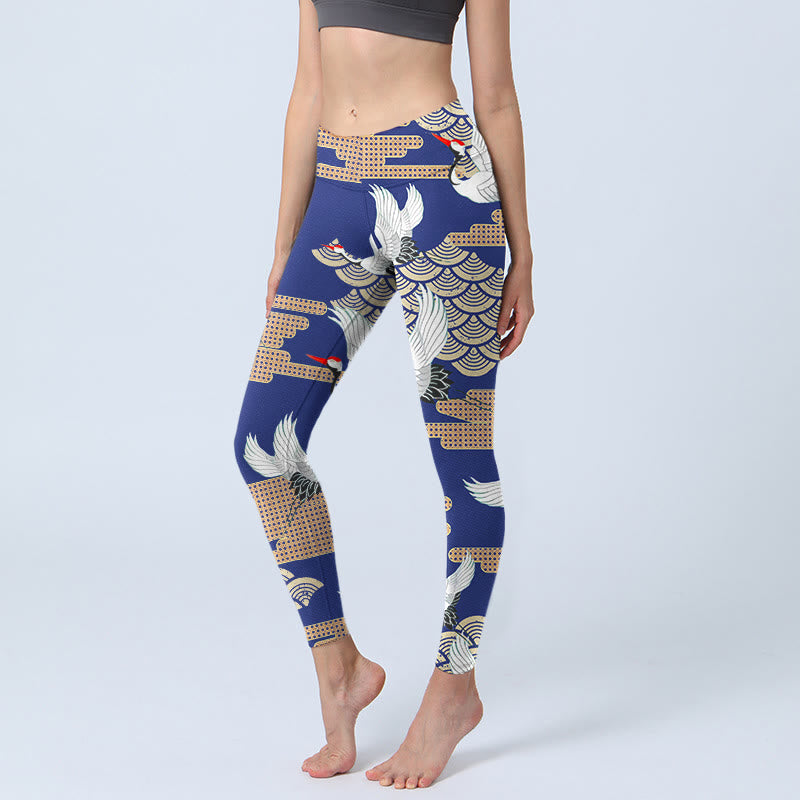 Buddha Stones Red-crowned Cranes Fan-shaped Auspicious Clouds Print Gym Leggings Women's Yoga Pants - RoyalBlue - US18，UK/AU22，EU50 (4XL) - image 1