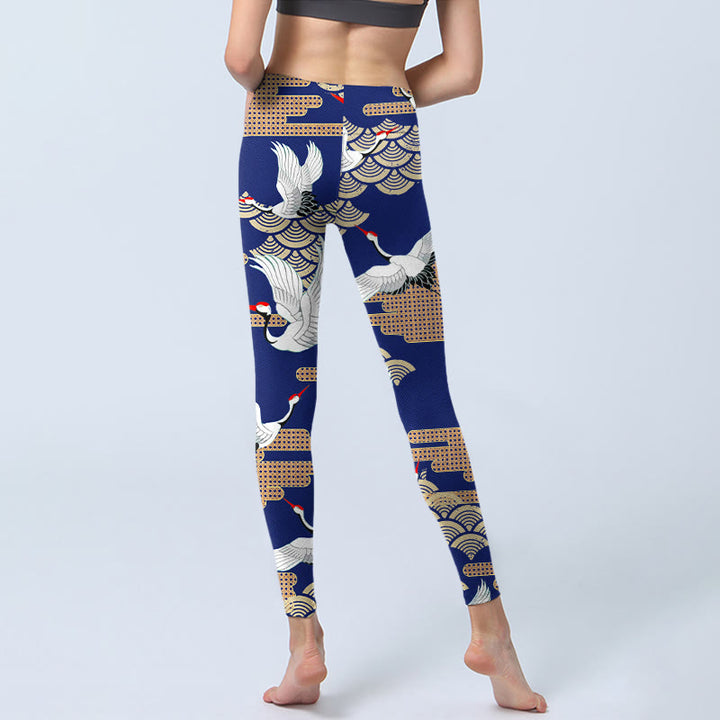 Buddha Stones Red-crowned Cranes Fan-shaped Auspicious Clouds Print Gym Leggings Women's Yoga Pants - image 7