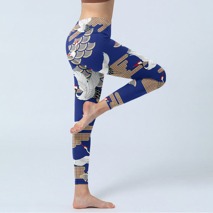 Buddha Stones Red-crowned Cranes Fan-shaped Auspicious Clouds Print Gym Leggings Women's Yoga Pants - image 3