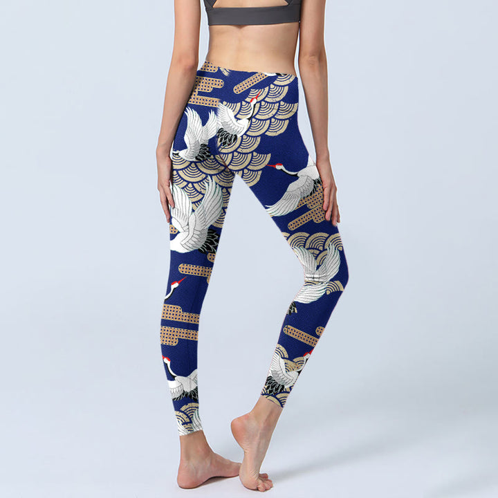 Buddha Stones Red-crowned Cranes Fan-shaped Auspicious Clouds Print Gym Leggings Women's Yoga Pants - image 5