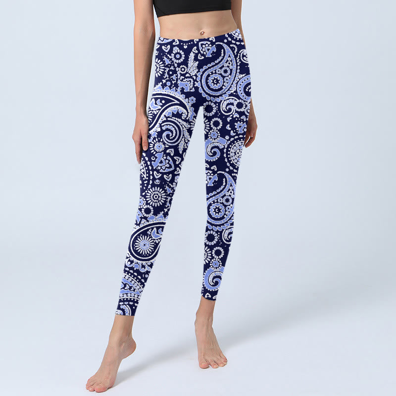 Buddha Stones Purple Blue Cashew Flower Print Gym Leggings Women's Yoga Pants - image 5